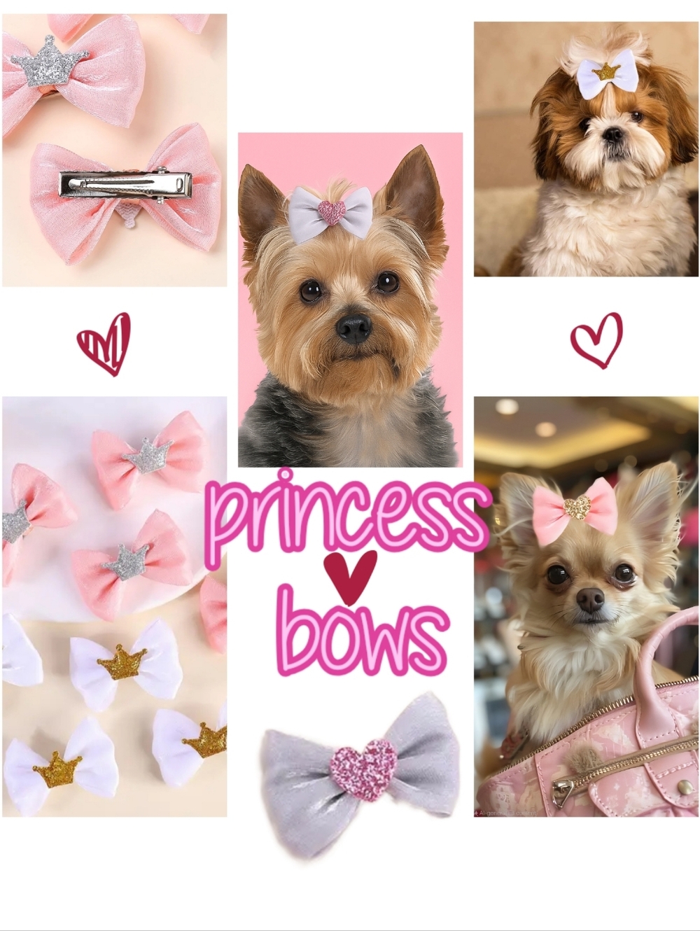 Pink and Silver Grooming Bows with Glitter Hearts - Set Of 8